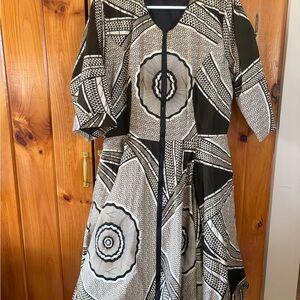 Dark Brown and Cream Patterned Midi Dress with Flared Skirt